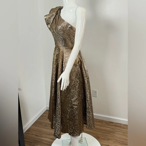 Mac Duggal 67906 Gold One Shoulder Bow Midi Dress With Pockets size 2